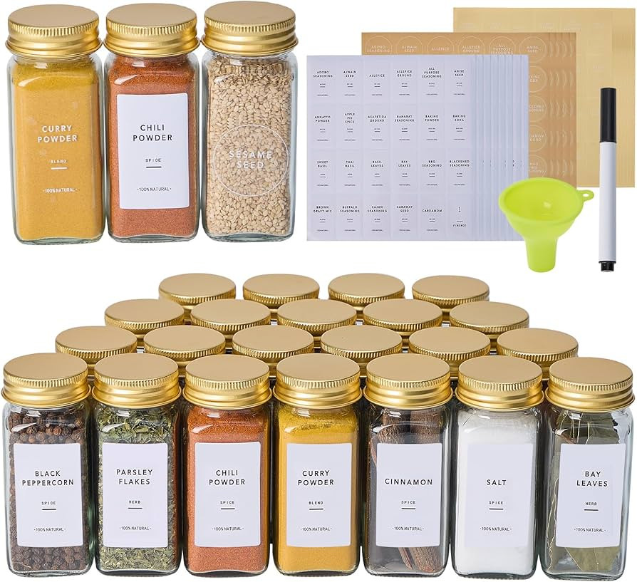 24 Pcs Glass Spice Jars with 576 Labels, 4oz Empty Square Spice Containers,Seasoning Bottles with... | Amazon (US)