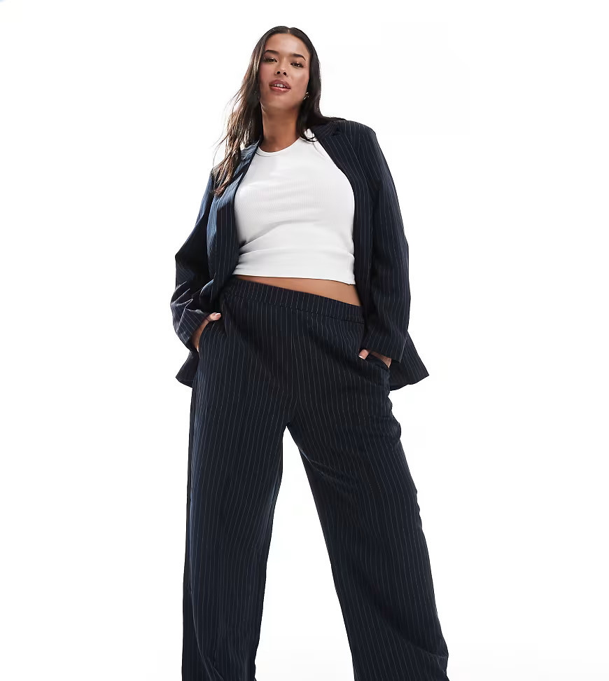 Pieces Curve tailored pants in navy pinstripes - part of a set-Black | ASOS (Global)