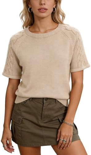 Yeokou Womens Short Sleeve Sweater Oversized Round Neck Cable Knit Pullover Spring Summer Casual ... | Amazon (US)