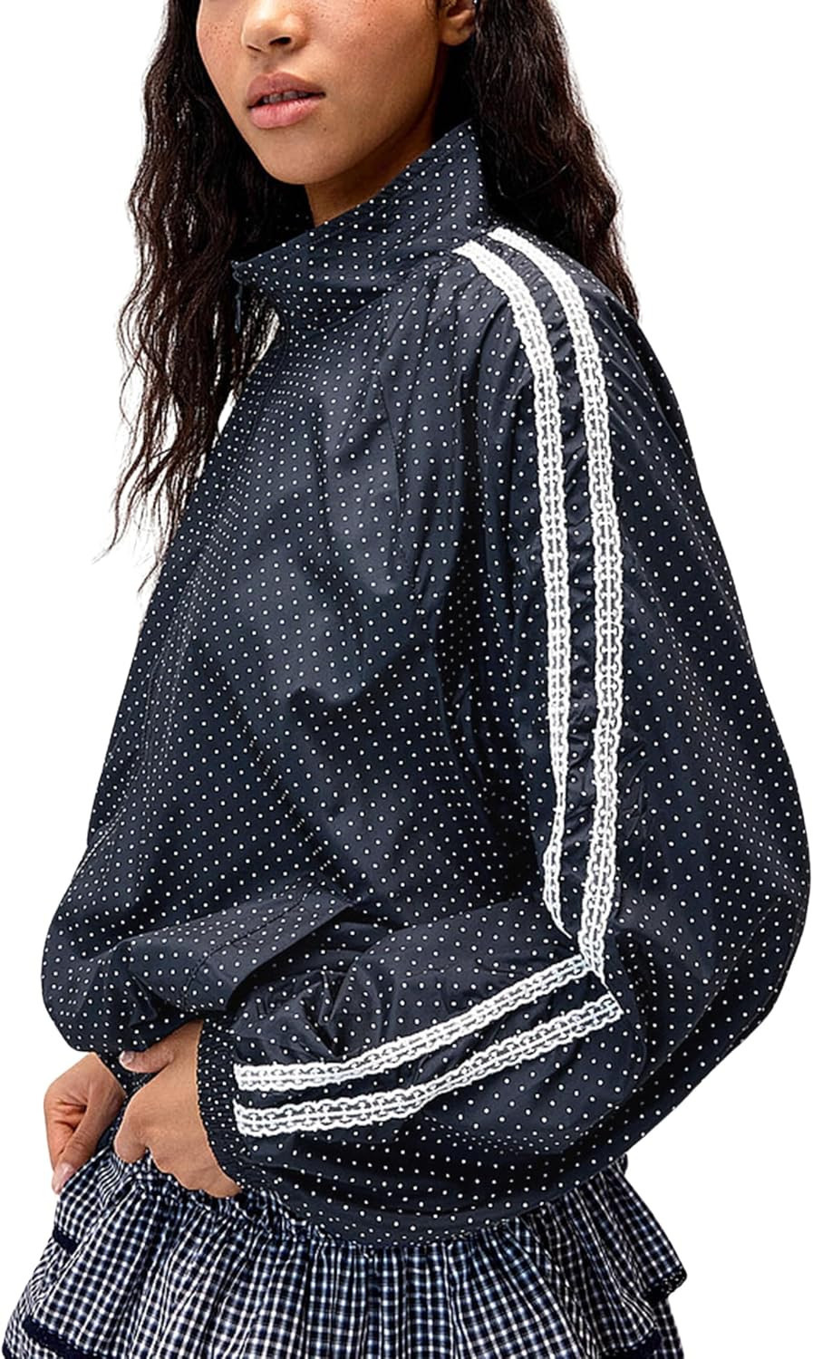 Womens Polka Dot Zip Up Jacket Lace Trim Casual Cropped Outwear | Amazon (US)