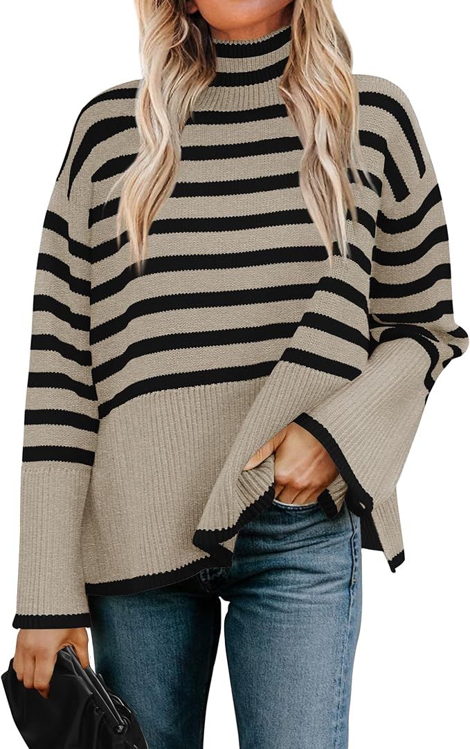 ZESICA Women's 2023 Winter Sweaters Casual Turtleneck Long Sleeve Striped Side Slit Loose Pullove... | Amazon (US)
