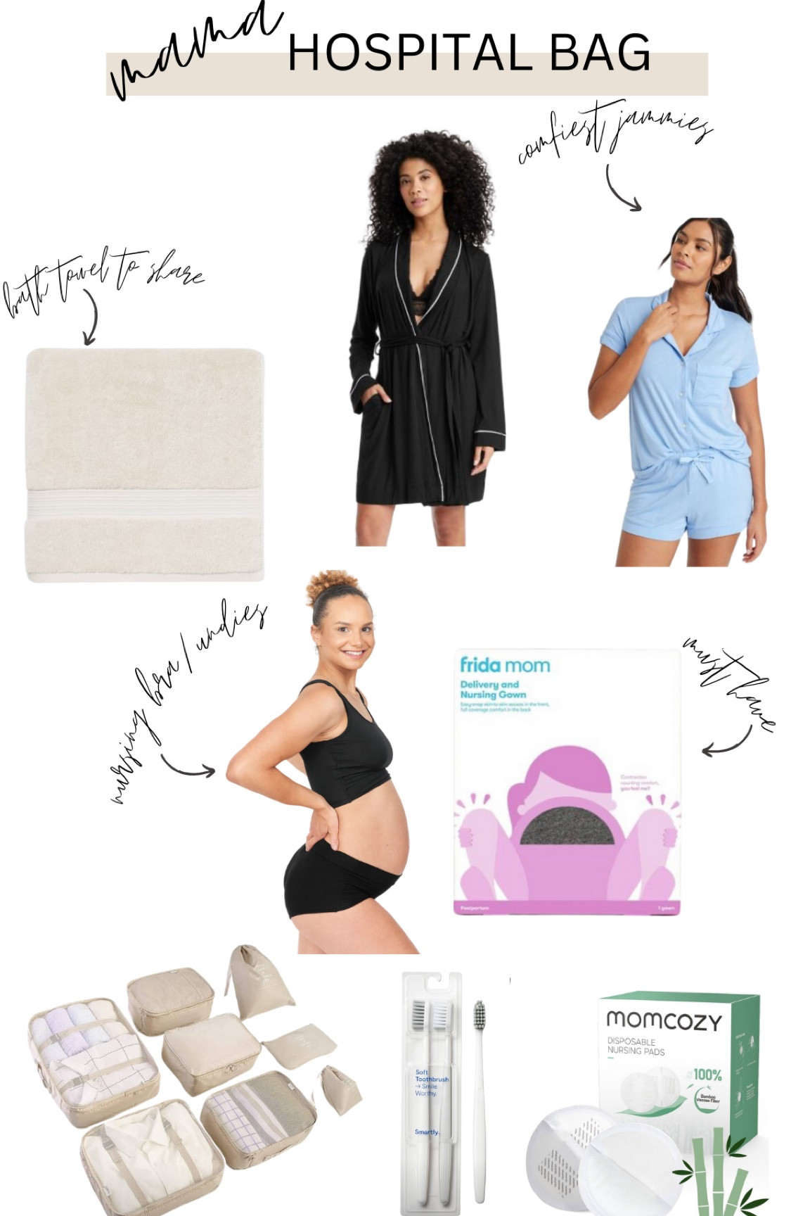 I am pretty minimalist when it comes to packing for the hospital, but these are a few must haves: 
1. Robe: this is all I wanted to wear post partum with lily
2. Delivery gown: hospital gowns are so HUGE and stiff. 
3. A nursing bra 

These packing cubes are so helpful for keeping everything organized too. 

#hospitalbag

#LTKbaby #LTKbump