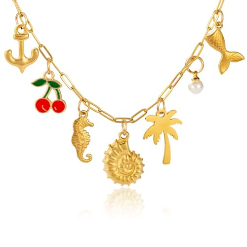 Charm Necklace for Women, 14K Gold Plated Paperclip Link with Dainty Ocean Elements. Shell Pearl Mermaid Seahorse Cherries Multi-Pendant Necklace (Gold) | Amazon (US)