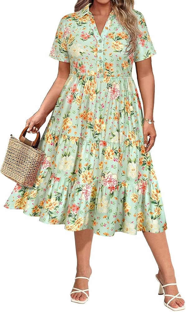 CARCOS Plus Size Dresses for Curvy Women Collared Vneck Short Sleeve Dresses Midi Summer Ruffle D... | Amazon (US)