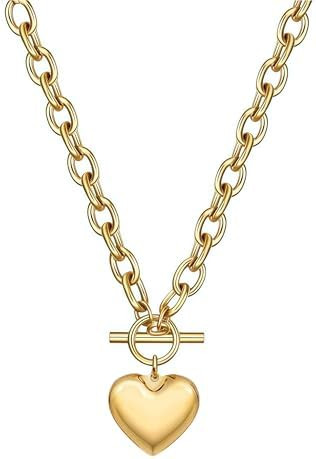 YEATMUE Chunky Paperclip Chain Heart Necklace for Women, Puffy Gold Heart Pendant Necklaces Gifts... | Amazon (US)