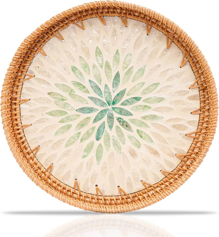 BemiaoCrafts Rattan Tray with Mother of Pearl Inlay Wooden Base, Lacquer Serving Basket for Break... | Amazon (US)