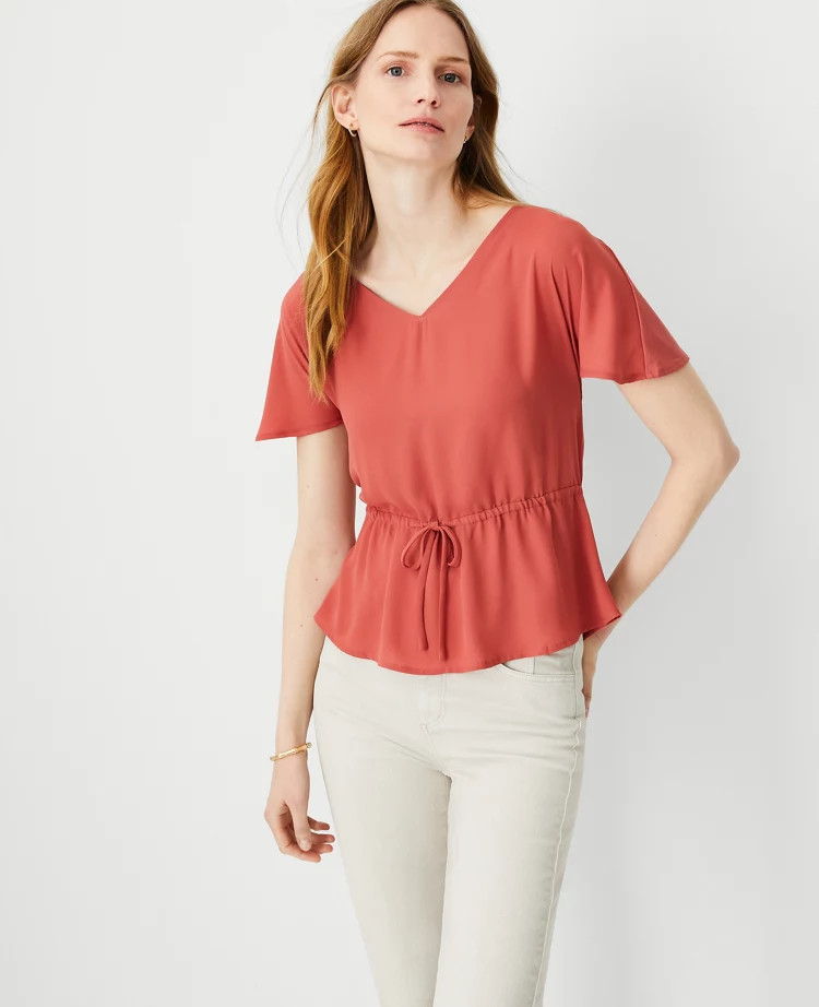 Mixed Media Drop Shoulder Tie Waist Top | Ann Taylor (US)