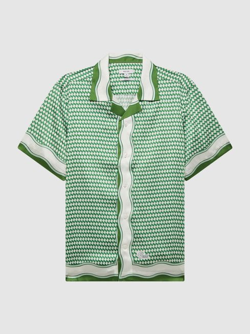 Reiss Green/Ivory Vanpelt Printed Cuban Collar Short Sleeve Shirt | Reiss UK