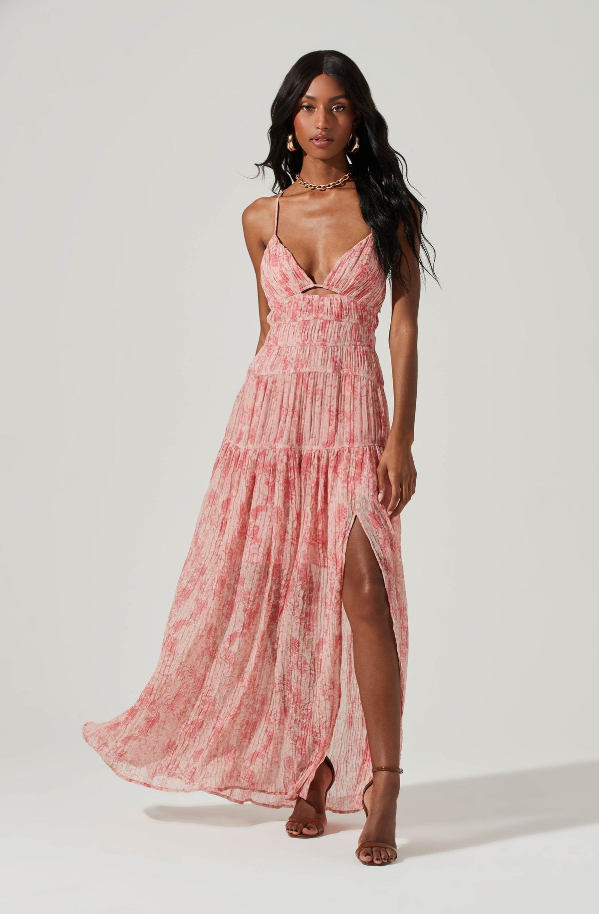 Tropics Plunge Neck Pleated Open Back Maxi Dress | ASTR The Label (US)