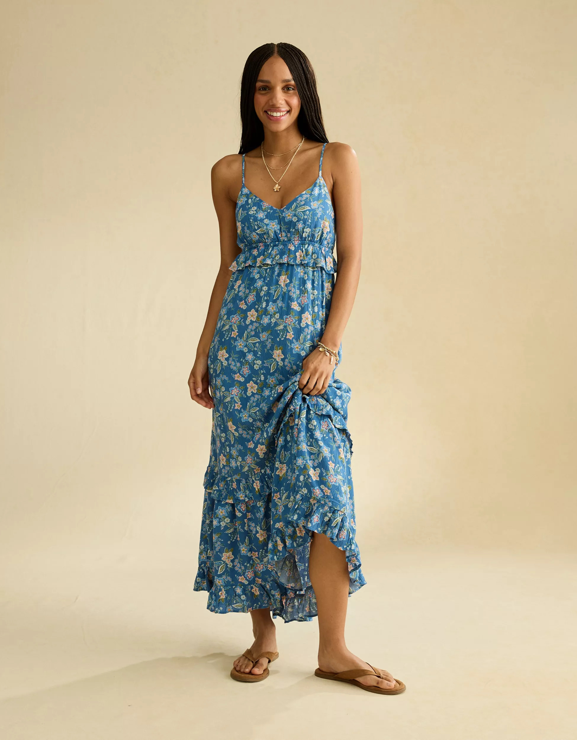AE V-Neck Ruffle Midi Dress | American Eagle Outfitters (US & CA)