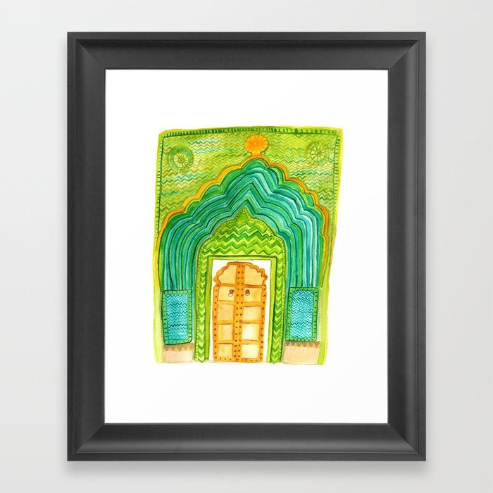 Jaipur Green Peacock Door Watercolor City Palace Rajasthan India Framed Art Print | Society6