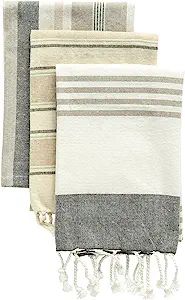Creative Co-Op Grey & Tan Striped Cotton Tea Towels with Tassels (Set of 3) | Amazon (US)