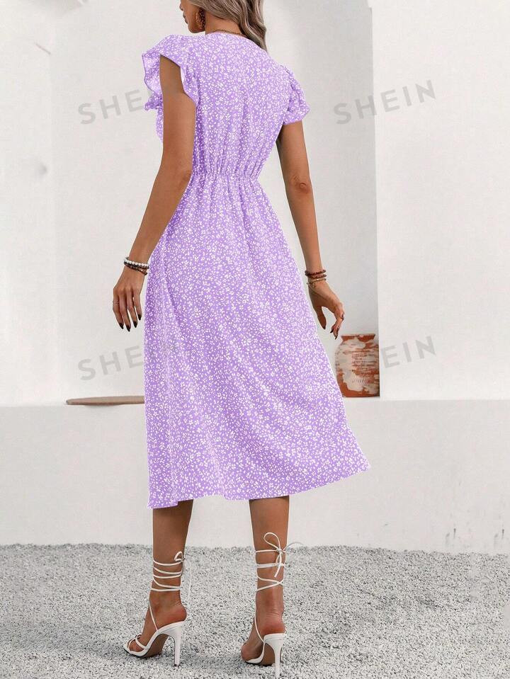 SHEIN LUNE Women Full Printed Deep V-Neck Ruffled Sleeve Split Summer Dress | SHEIN