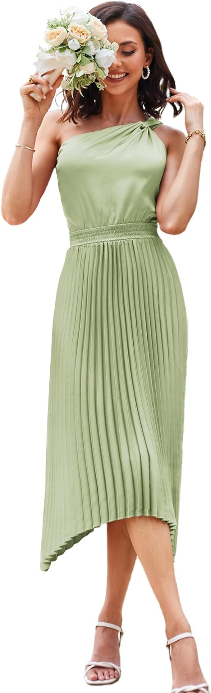 GRACE KARIN Women's 2023 Summer One Shoulder Satin Dress Sleeveless Twist Pleated Midi Dress Sexy... | Amazon (US)