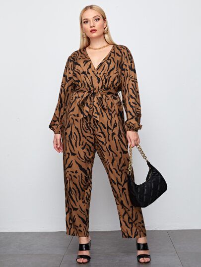 Plus Allover Print Wrap Belted Jumpsuit | SHEIN