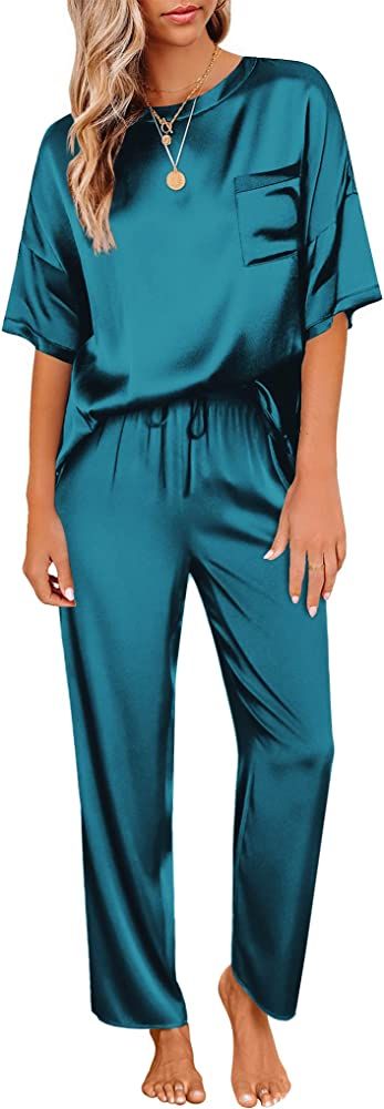 Ekouaer Womens Satin Silky Pajama Set Short Sleeve Shirt with Long Pajama Pant Set Soft PJ Lounge... | Amazon (US)