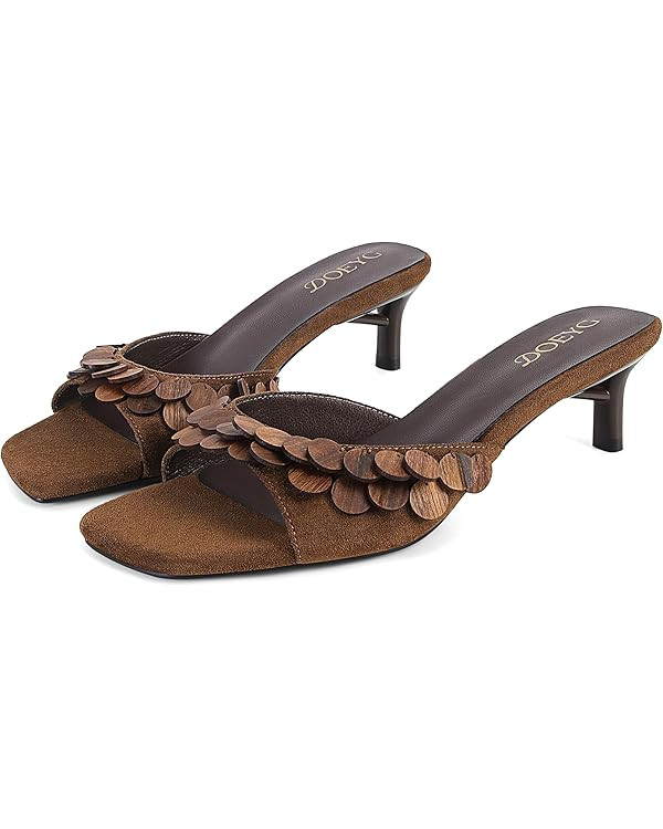DOEYG Kitten Heel Sandals for Women Suede Slide Sandals Dressy Comfortable Square Open Toe Summer... | Amazon (US)