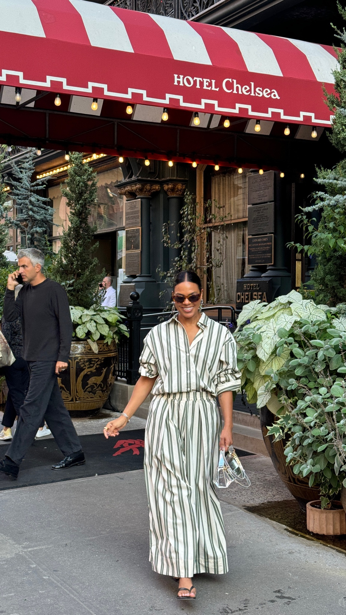 NYFW OOTD: Forest green striped matching set, kitten heels, tortoise sunglasses & metallic bag! Linked similar for matching set :) 

#LTKNYFW #LTKStyleTip #LTKOver40