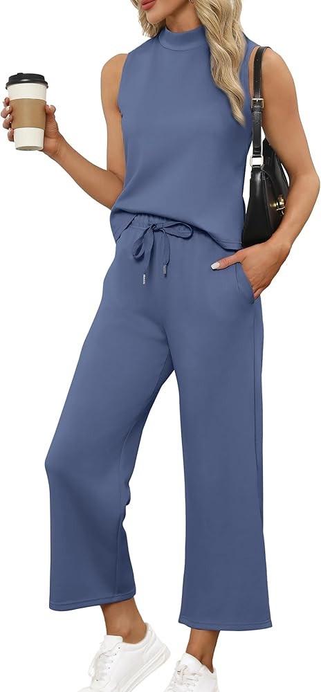 SAMPEEL Two Piece Sets for Women Summer Outfits Lounge Sets Mock Neck Tops Wide Leg Crop Pants Va... | Amazon (US)