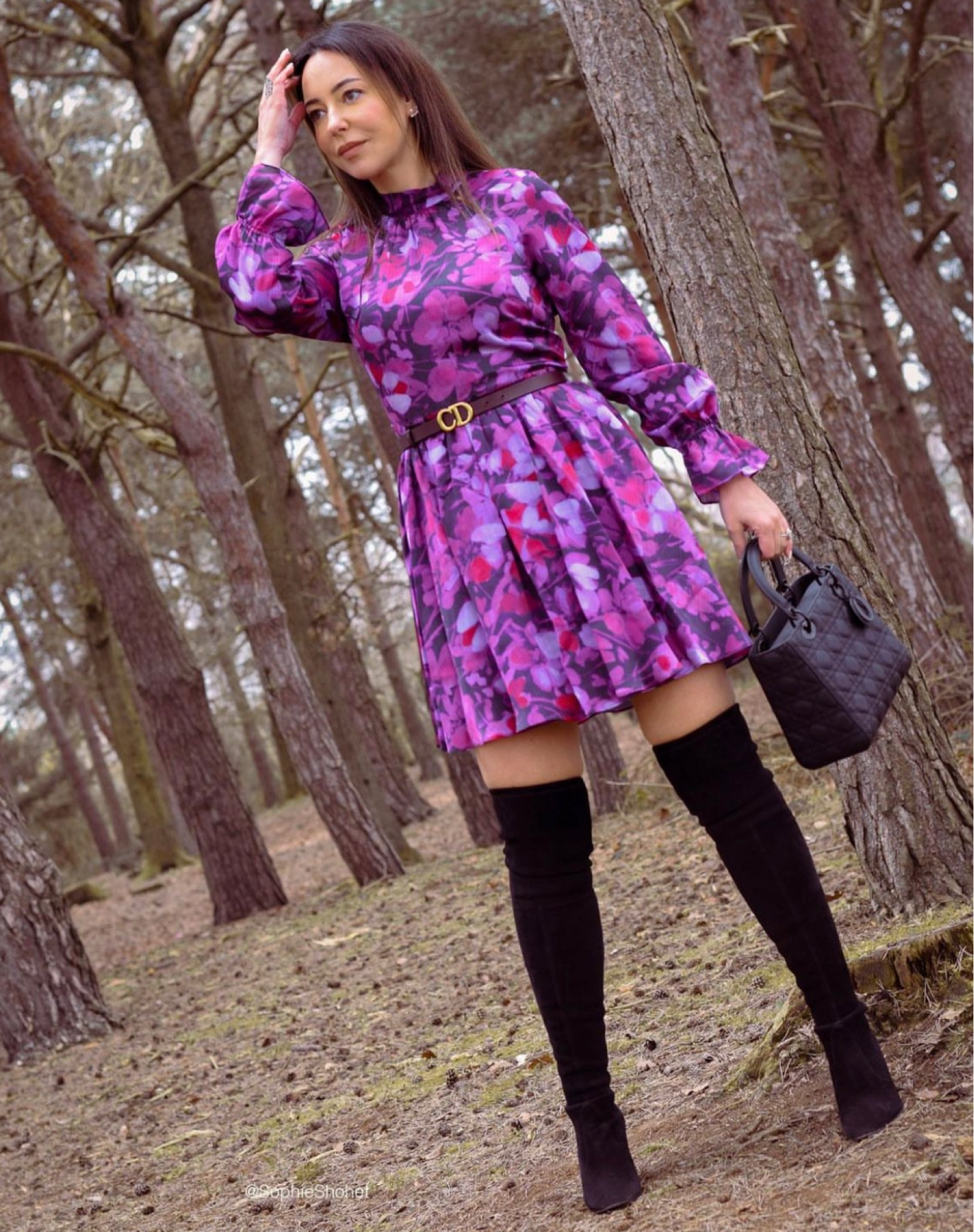 Purple dress, floral long sleeve, midi, skater pleated dress, burgundy dress, knee high boots, black handbag, quilted 

#LTKSeasonal #LTKeurope #LTKstyletip