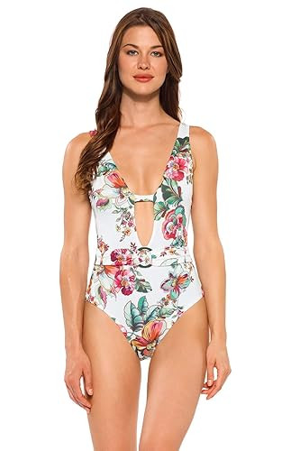 Becca by Rebecca Virtue Women's Emma Belted Plunge One Piece Swimsuit Swimsuit | Amazon (US)