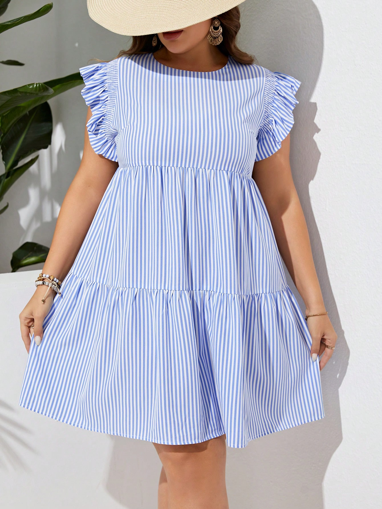 SHEIN VCAY Plus Striped Print Ruffle Trim Smock Dress | SHEIN