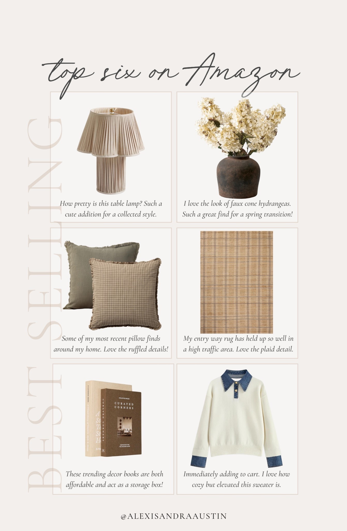 This week’s top six best selling items on Amazon! From fashion favorites to neutral home finds, rounding up the most loved items from the week.

Home finds, neutral home inspo, best sellers, found it on Amazon, collected style, home decor favorites, neutral table lamp, neutral area rug, spring fashion favorites, cozy throw pillow, faux florals, moody vase, storage decor book, Chris Loves Julia, spring refresh, shop the look!

#LTKootd #LTKHome #LTKSeasonal