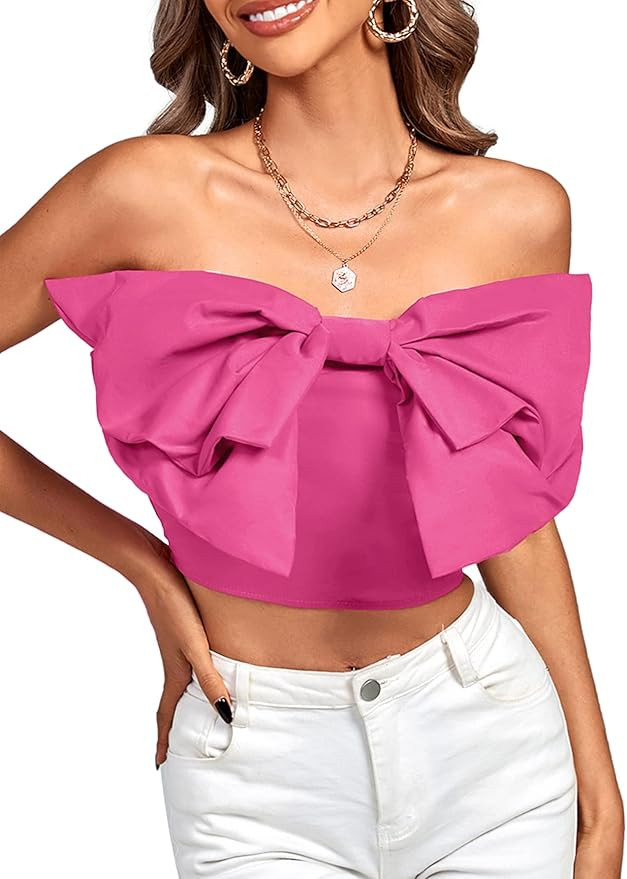Vrtige Women's Cute Bow Tie Strapless Crop Top Sleeveless Party Tube Cami Tank Top | Amazon (US)