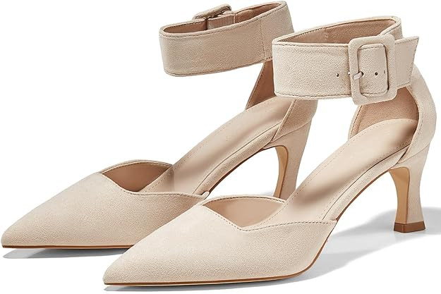 Coutgo Womens Kitten Low Heels Closed Pointed Toe Ankle Buckle Strap Pumps Suede Dress Wedding Sh... | Amazon (US)