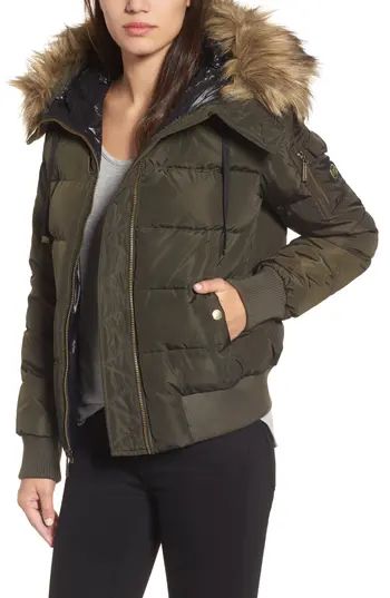 Women's Michael Michael Kors Missy Water Resistant Puffer Bomber Jacket With Detachable Hood And Faux Fur Trim, Size X-Small - Green | Nordstrom