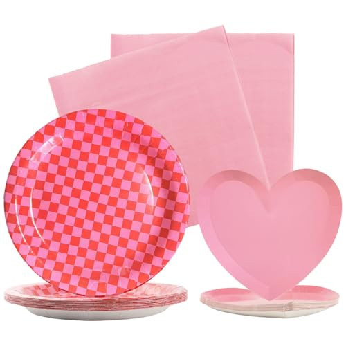 hhdatc 52Pcs Galentine’s Day Party Supplies Set Pink & Red Plaid Paper Plates Napkins and Cutlery for 16 Guests Women’s Celebration, Ladies Party Decorations | Amazon (US)