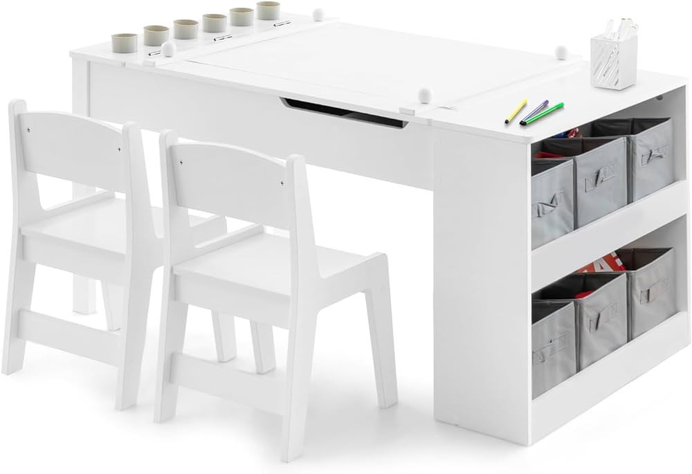 INFANS 2 in 1 Kids Art Table and Chair Set, Toddler Craft Play Wood Activity Desk with 2 Chairs P... | Amazon (US)