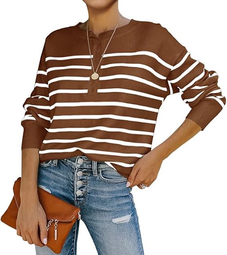 Womens Striped Henley Sweaters Soft Lightweight Long Sleeve Crew Neck Loose Fit Knit Pullover Top... | Amazon (US)