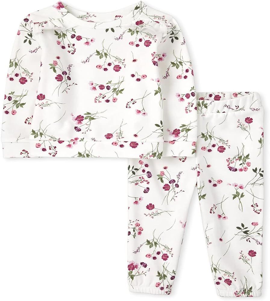 The Children's Place Baby Toddler Girl Long Sleeve Floral Print Ruffle Sweatshirt and Fleece Sweatpa | Amazon (US)