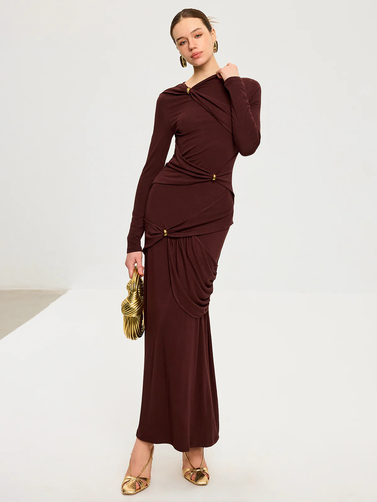 Metal Detail Long Sleeve Draped Maxi Dress | Commense