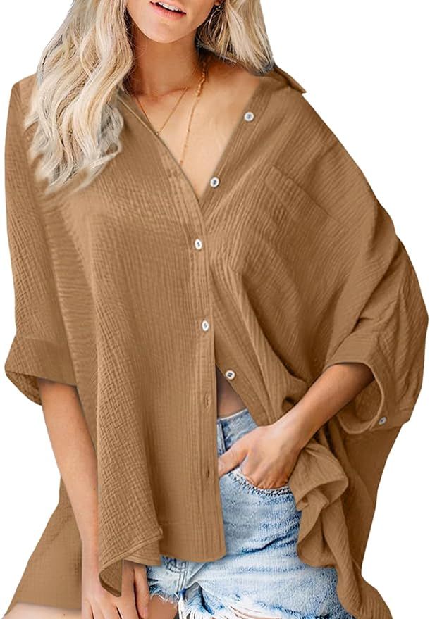 Astylish Women 2024 Oversized Button Down Shirt 3/4 Sleeve Blouse V-Neck Textured Tops | Amazon (US)