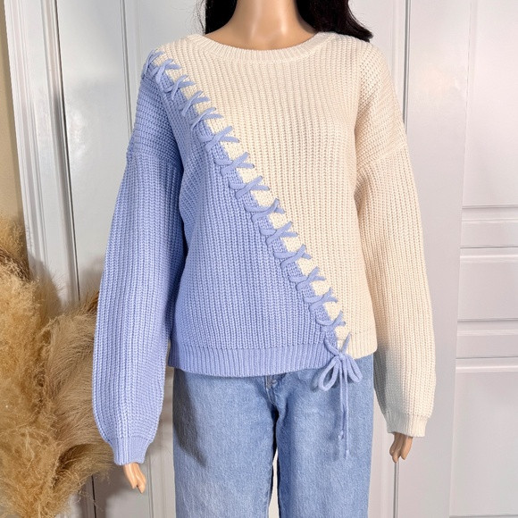 TWO-TONE LIGHT BLUE AND IVORY LONG SLEEVE SWEATER | Poshmark