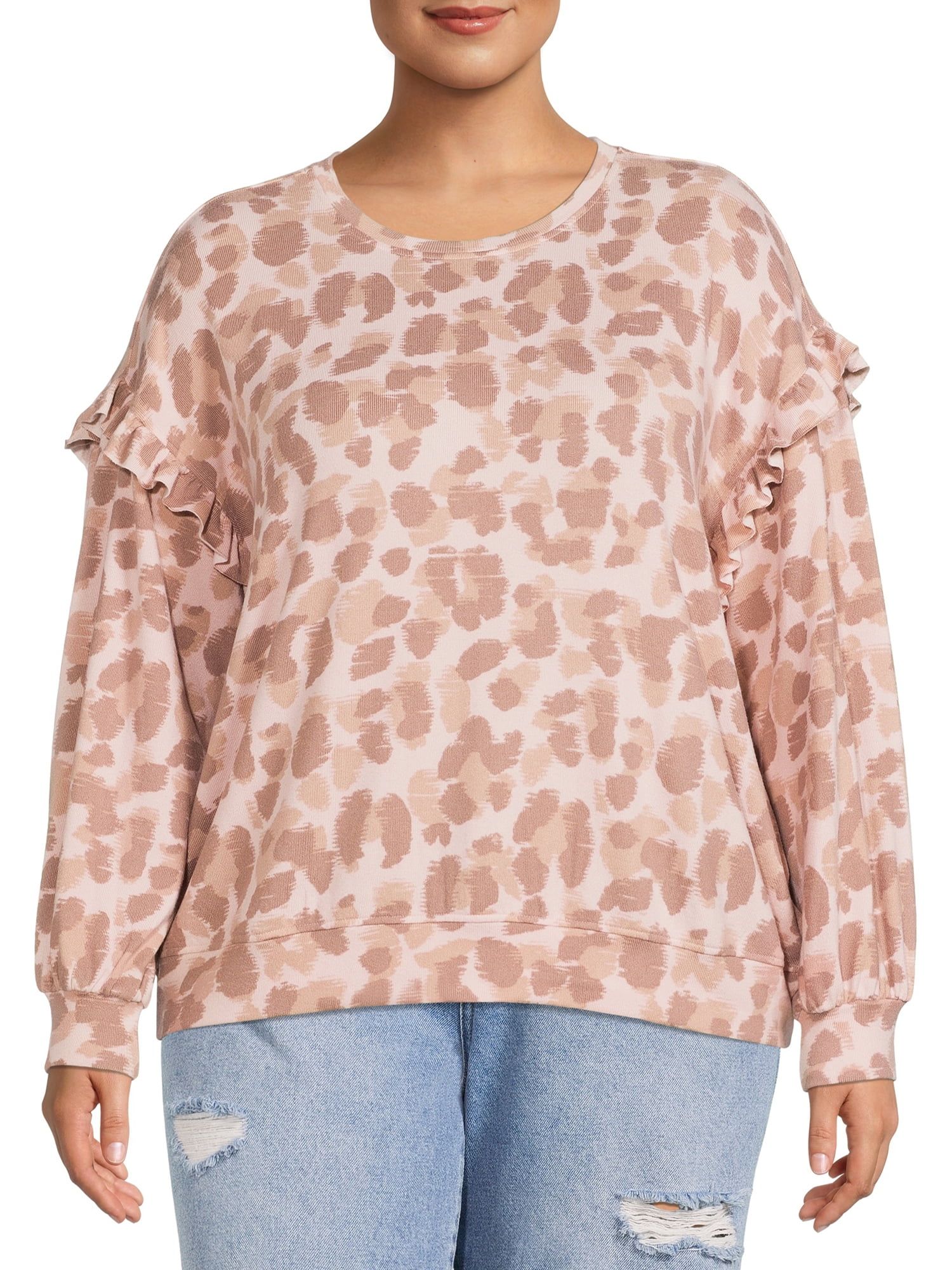 Como Blu Women’s Plus Size Printed Ruffle Sleeve Sweatshirt - Walmart.com | Walmart (US)