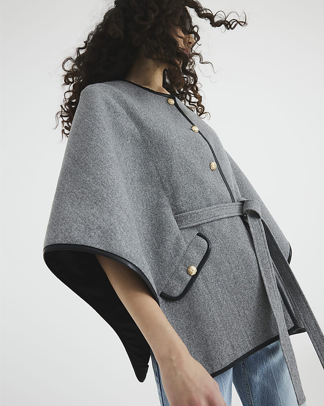Grey Belted Button Up Cape | River Island UK & IE