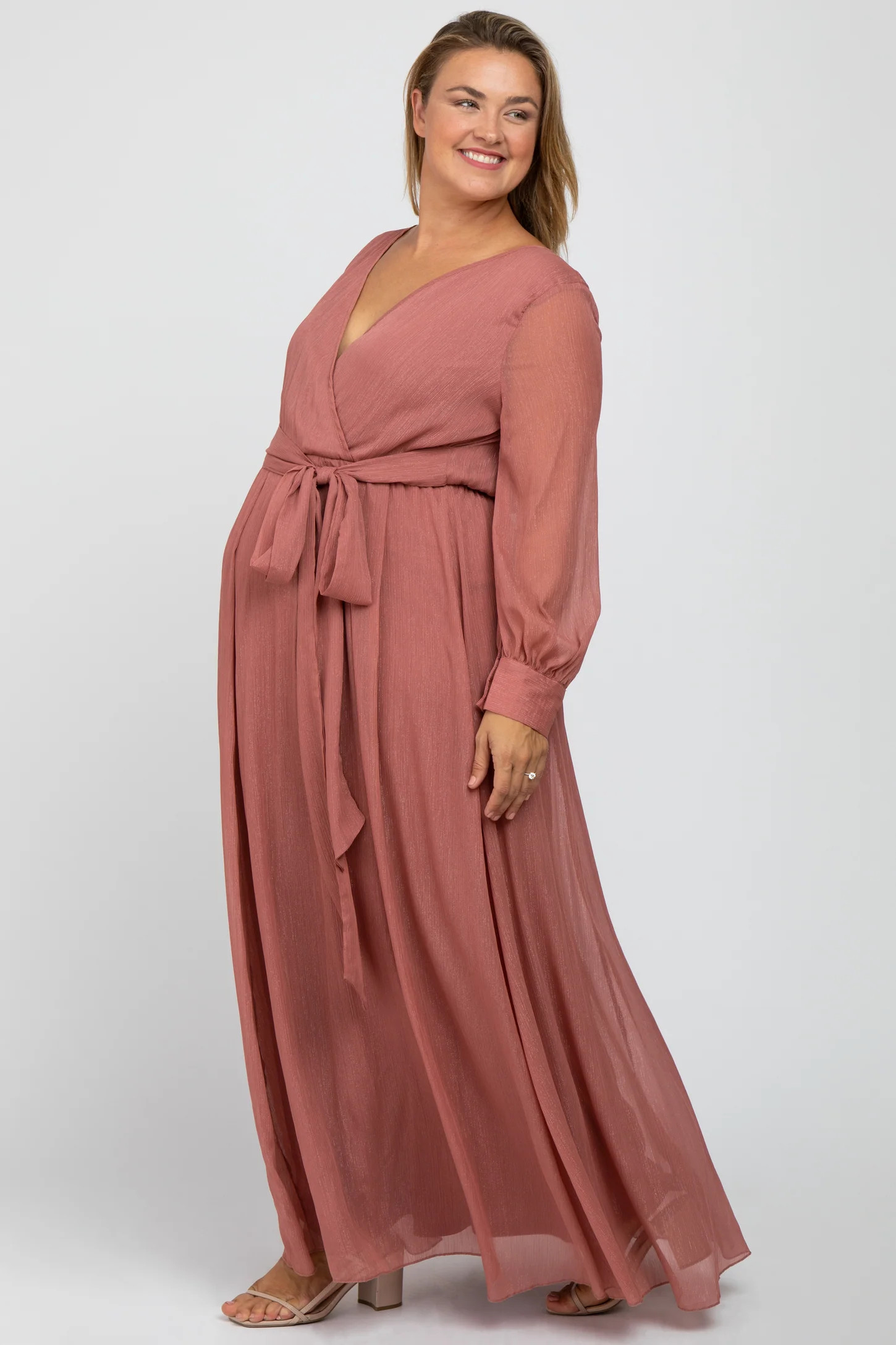 Pink Metallic Chiffon Maternity Plus Maxi Dress | PinkBlush Maternity