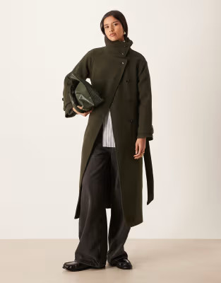 Gina Tricot wool belted midaxi coat with funnel neck detail in dark green | ASOS | ASOS (Global)