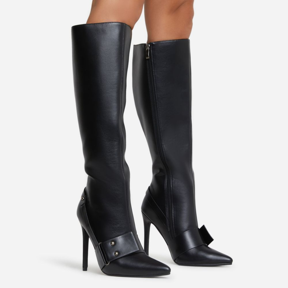 Varsity Buckle Detail Pointed Tow Stiletto Heel Knee High Boot In Black Faux Leather | EGO (UK)