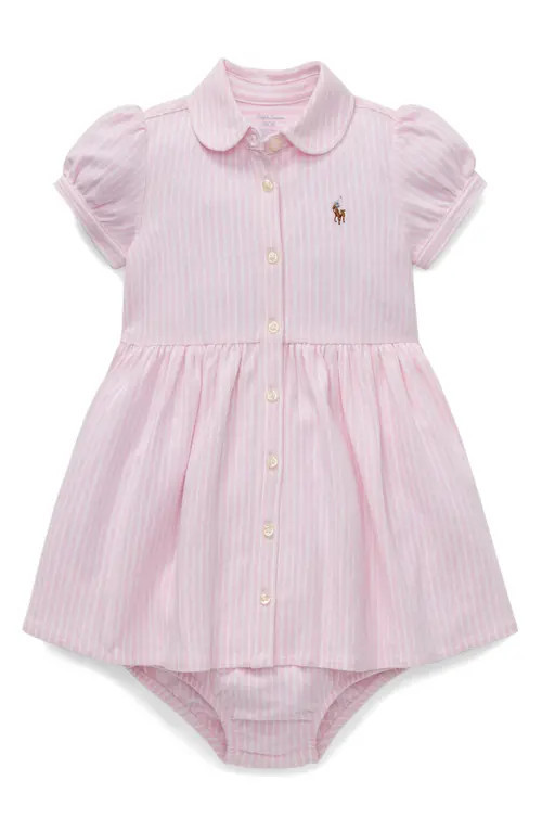 Ralph Lauren Oxford Stripe Cotton Piqué Dress & Bloomers in Carmel Pink/White at Nordstrom, Size 9M | Nordstrom