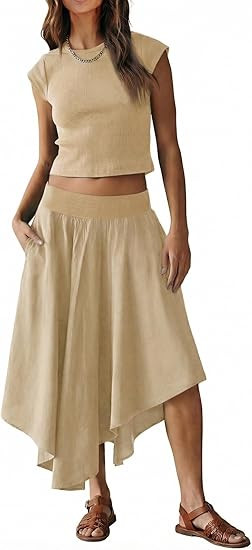 Tankaneo Womens 2 Piece Skirt Set Summer Casual Cap Sleeve Ribbed Crop Tops Midi Dress Vacation O... | Amazon (US)