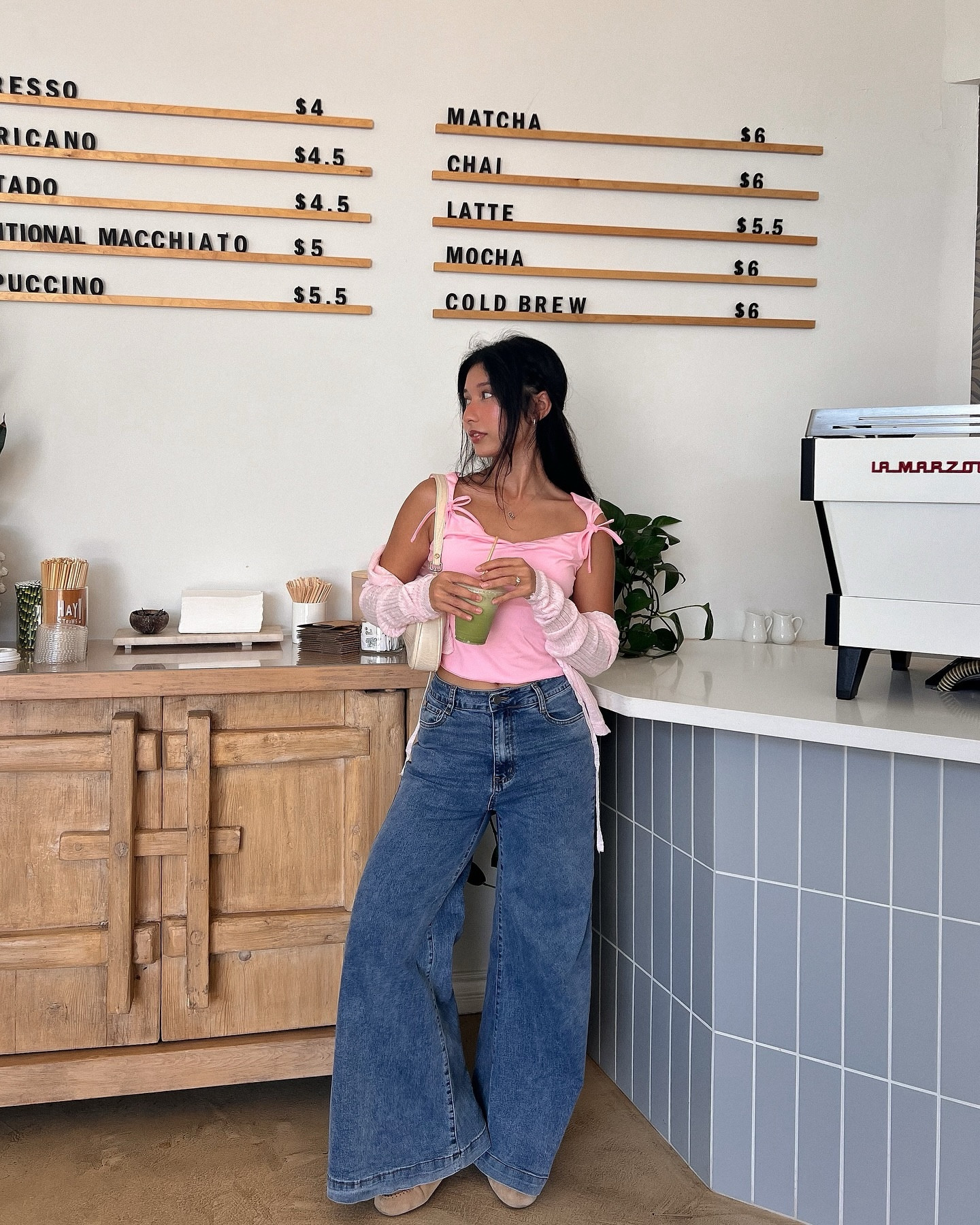 Matcha addiction is unreal and needs to be studied🍵💗 

Wearing:
@shopcider bow pink top 
@shopcider flare denim jeans 
@yesstyle pink sheer ruffle top

#pinterestgirl #pinterestaesthetic #pinterestinspired #fallstyleinspo #falltrends #cafeoutfits #falloutfit #falloutfitideas #fallinspo #girlygirl #colorfuloutfit #cafehopping 

Casual outfits, pinterest girl, cafe shop outfits, fall outfit ideas, baby pink, san diego fashion blogger, soft girl aesthetic
