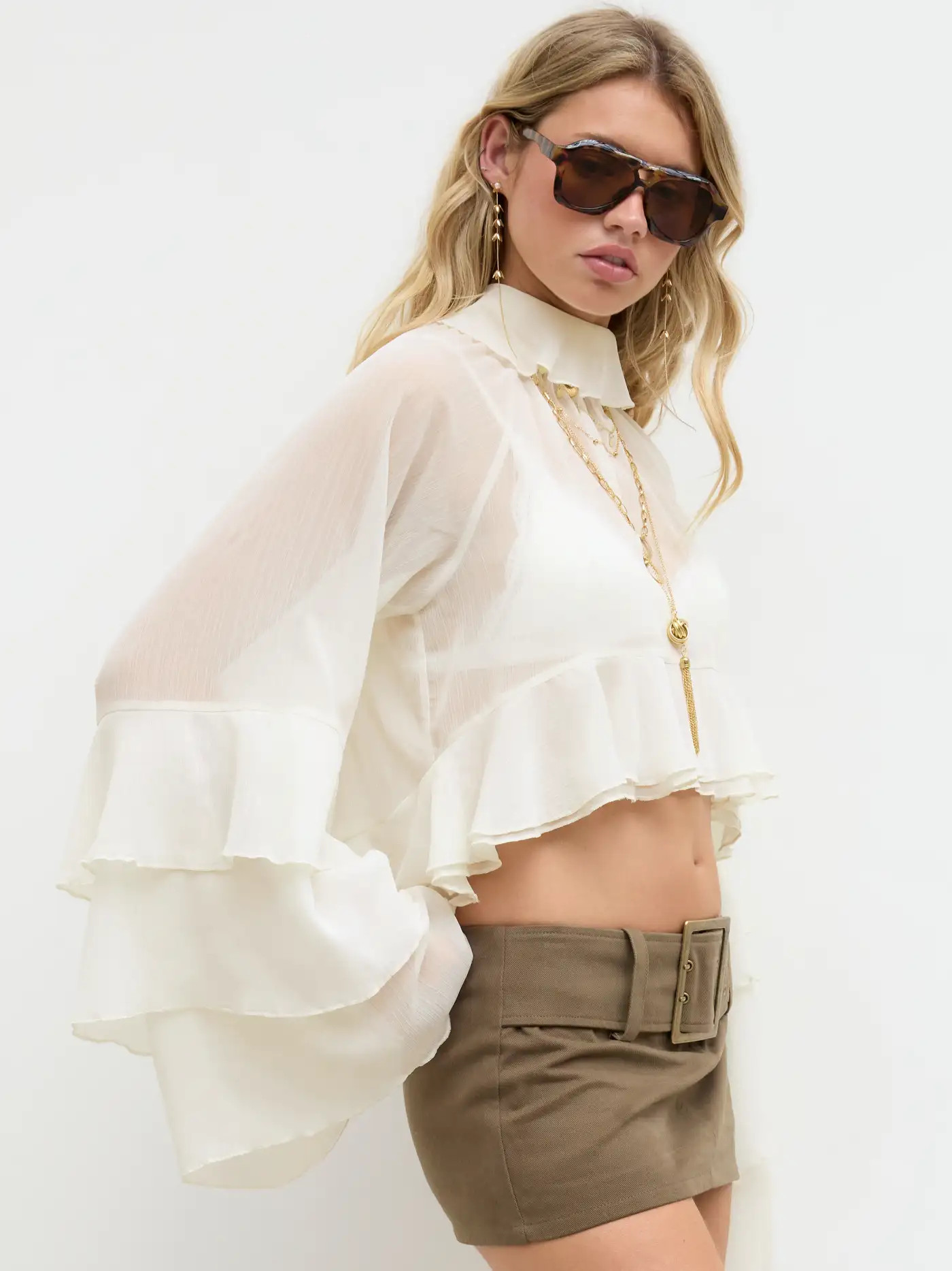 Chiffon Chiffon-Hochhals-Bluse mit R\u00fcschen und Dolman\u00e4rmeln, durchsichtig, Crop For L\u... | Cider