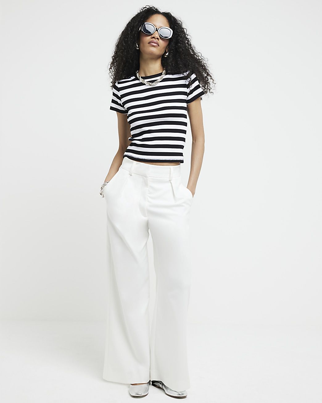 Black ribbed stripe cropped t-shirt | River Island (UK & IE)