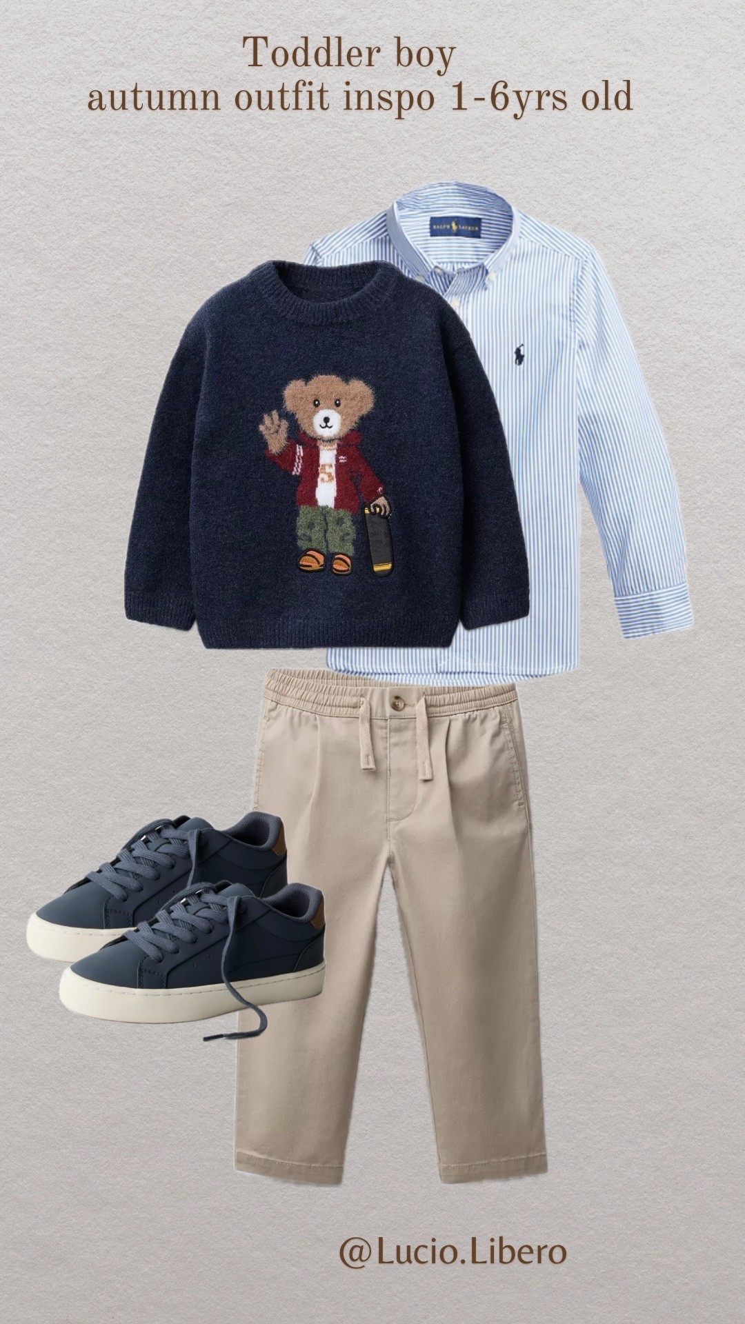 Smart-casual autumn vibes for little boys 🍂 The cutest teddy sweater layered over a crisp button-down, paired with neutral chinos and comfy sneakers. Perfect for toddler boys 1–6 yrs ✨ #ToddlerStyle #MiniFashion
	•	Toddler boy autumn outfit
	•	Toddler boy fashion 2025
	•	Toddler boy fall outfit ideas
	•	Toddler boy layered outfit
	•	Toddler boy chinos outfit
	•	Toddler casual sneakers
	•	Toddler boy preppy style
	•	Cute toddler boy outfits

	•	Teddy bear knit sweater 
	•	Blue striped button-down shirt Ralph Lauren
	•	Khaki chinos / trousers
	•	Navy toddler sneakers
