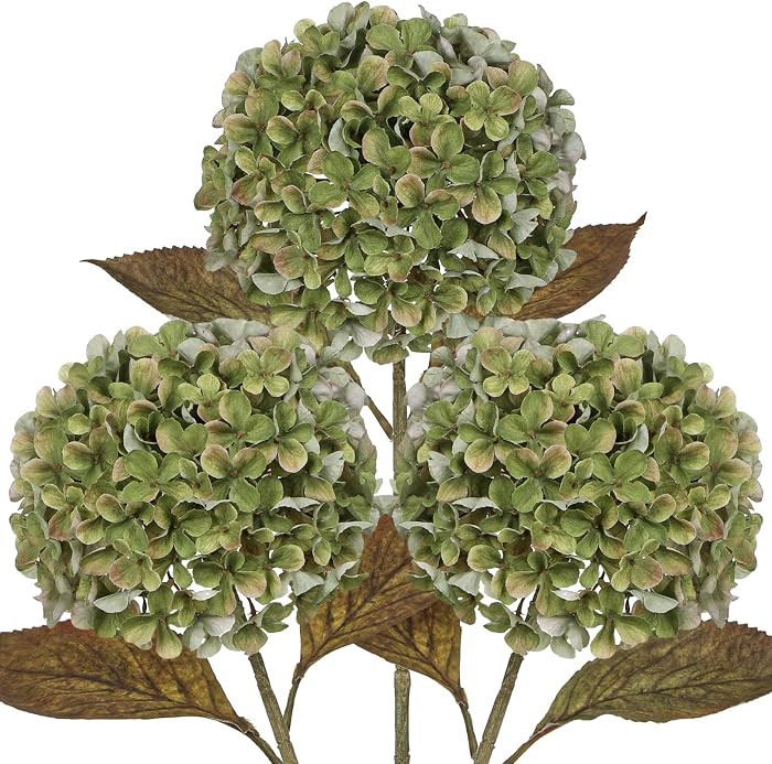 Hollyone 3PCS Fall Green Large Silk Hydrangeas Artificial Flowers with Stem | Amazon (US)