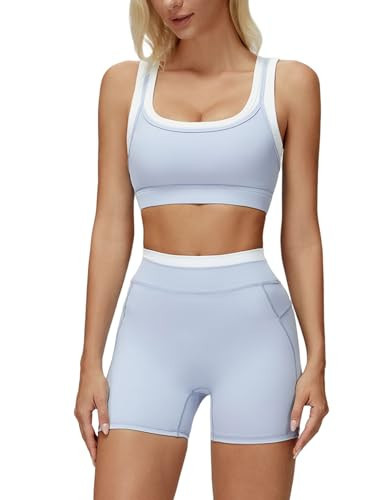2 Piece Workout Sets for Women Racerback U Back Color Block Crop Tank Sports Bras Matching Tummy Control Biker Shorts Womens Two Piece Athletic Set Gym Wear Active Yoga Outfits XS Blue | Amazon (US)